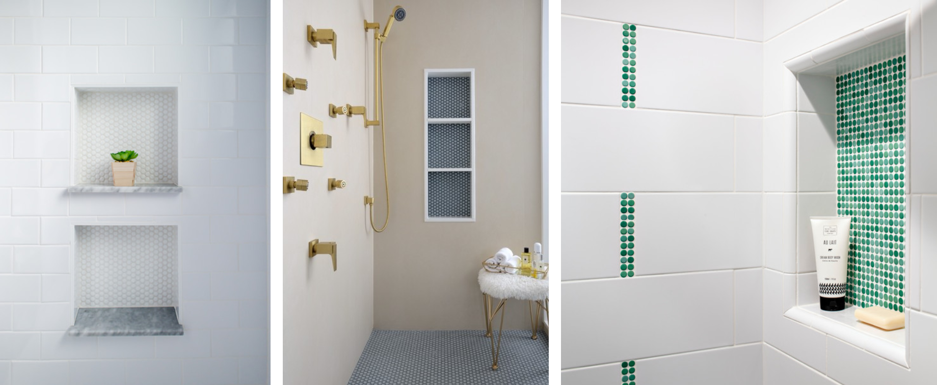 Shower with White Penny Tiles and White Grout - Transitional