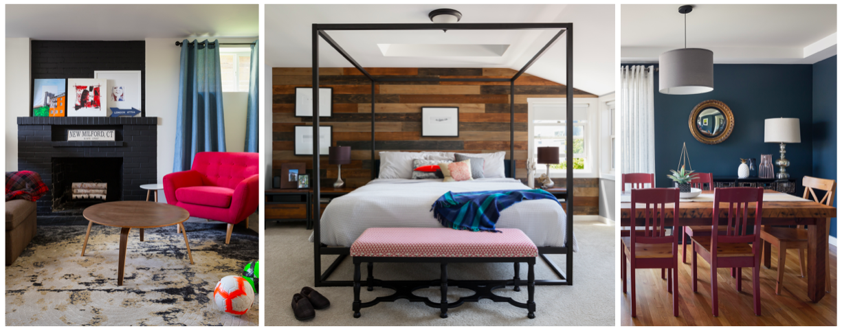 colorful contemporary living room, bedroom, and dining room with a wood feature wall and modern four poster bed