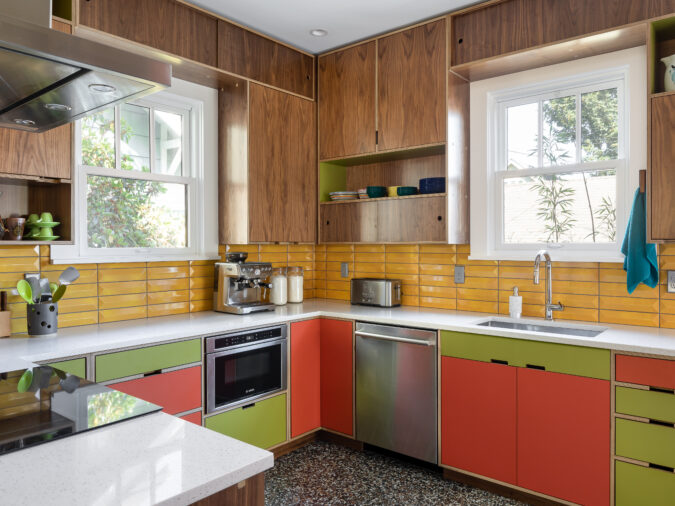 Colorful midcentury modern kerf kitchen