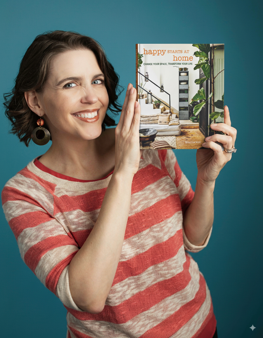 Author Rebecca West holding design psychology book Happy Starts at Home