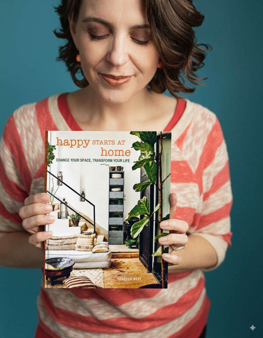 Author Rebecca West holding design psychology book Happy Starts at Home